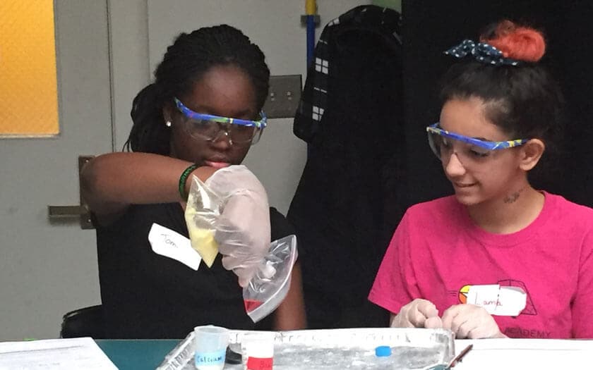 Two students participate in a chemistry lab